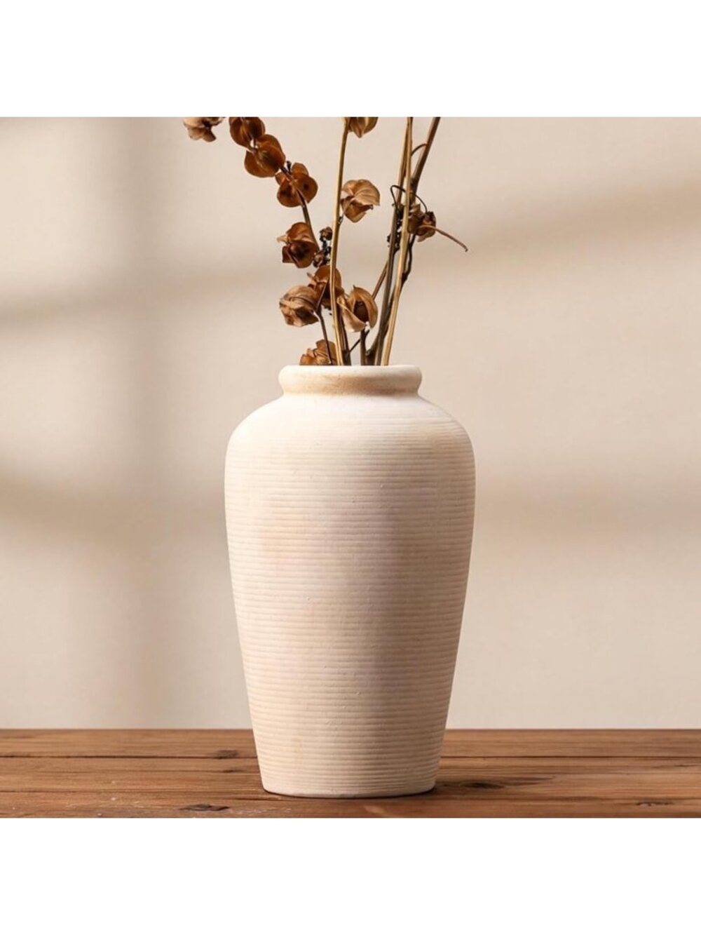 11" Tall Large White Ceramic Farmhouse Vase With Handles For Kitchen Living Room